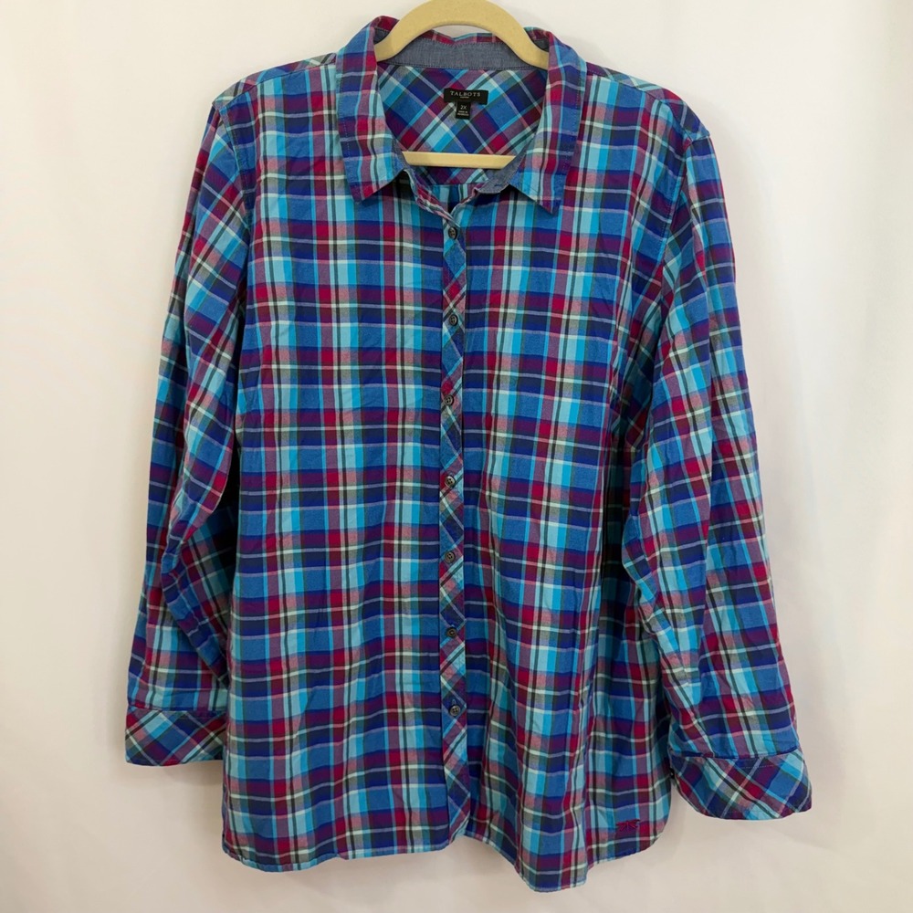 Talbots Womens Plaid Long Sleeve Button Up Shirt Blue Pink Purple 2X Lumber Jane